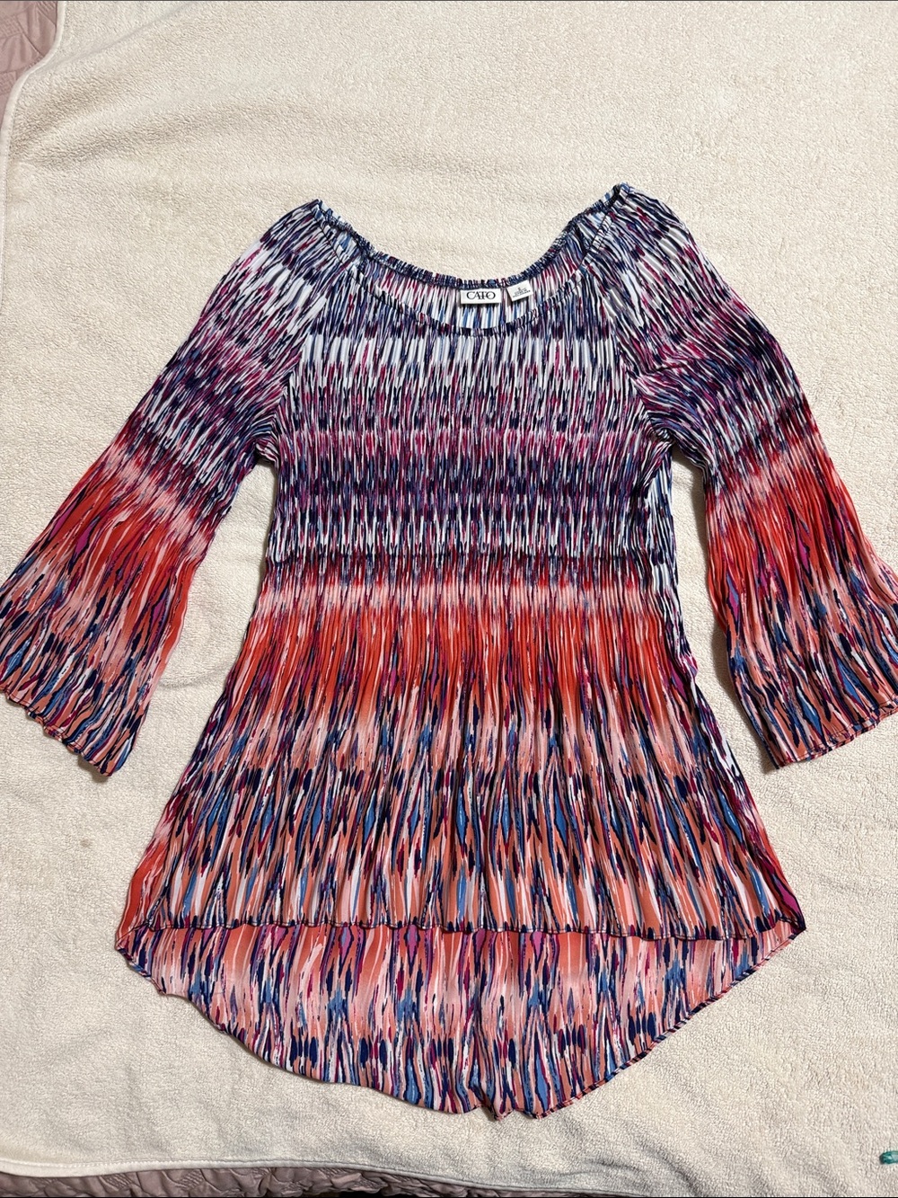 Chico's Pink Coral Navy Patterned Smocked Tunic